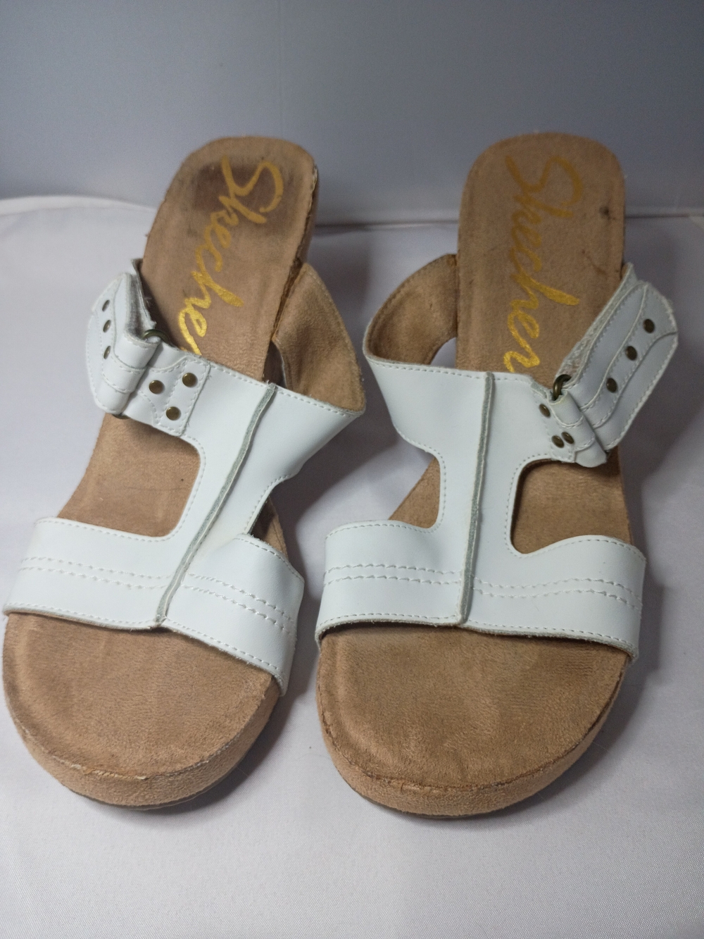Skechers White Leather Slide Mules with Buckle Detail Sz 11